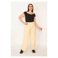 Şans Women's Plus Size Yellow Striped Elastic Waist Trousers
