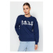 Trendyol Navy Blue Crew Neck Regular Fit Relief Print Knitted Sweatshirt with Fleece Inside