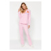Trendyol růžová bavlněná sada pyžama s potiskem sušenek, košile a kalhoty