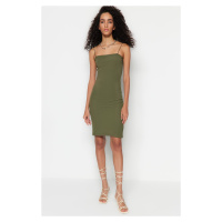 Trendyol Green Square Neck Spaghetti Straps Ribbed Flexible Fitted Mini Knitted Dress