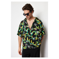 Trendyol Black Oversize Fit Leaf Printed 100% Viscose Short Sleeve Flowy Summer Shirt