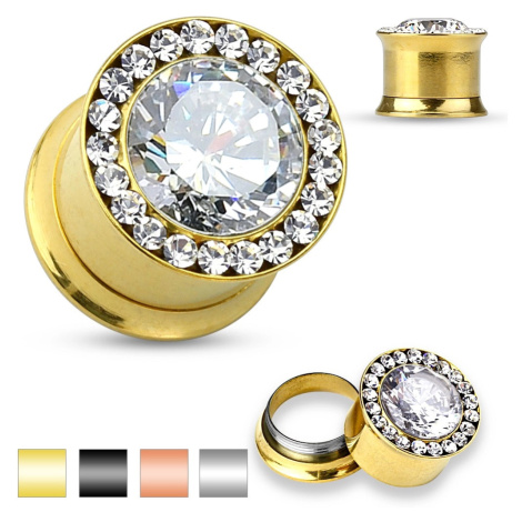 Ocelový plug do ucha - velký čirý zirkon, malé zirkonky, 6 mm - Barva piercing: Zlatá Šperky eshop