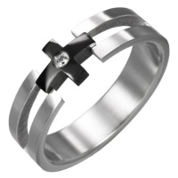Prsten z oceli - černý kříž, čirý zirkon