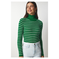 Štěstí İstanbul Dámský zelený pruhovaný rolák pletený svetr