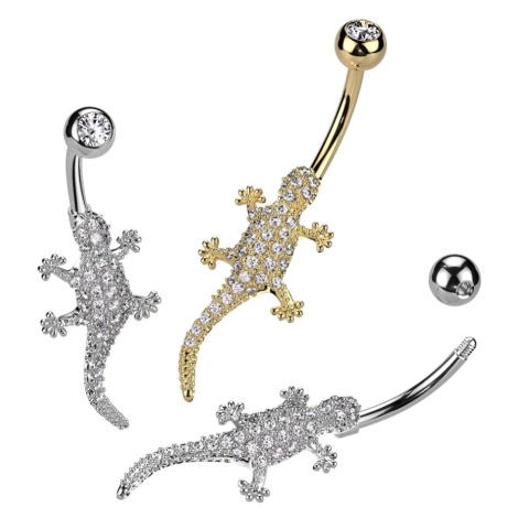 Ocelový piercing do pupíku - lezoucí ještěrka s čirým zirkonem - Barva: Zlatá Šperky eshop