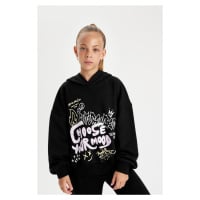 DEFACTO Girl Black Oversize Wide Pattern Hooded Text Printed Sweatshirt