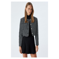 Koton Tweed Crop Jacket Round Neck Pocket Detail Buttoned Wool Blend