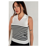 MODAGEN Women's Polo Neck Sleeveless White Striped Knitwear