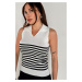 MODAGEN Women's Polo Neck Sleeveless White Striped Knitwear