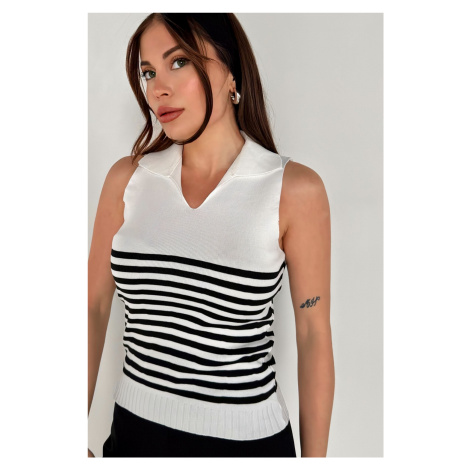 MODAGEN Women's Polo Neck Sleeveless White Striped Knitwear