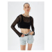 Koton Crop Openwork Knitted T-Shirt Long Sleeves Crew Neck Glitter Look