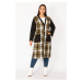 Şans Women's Plus Size Yellow Checkered Front Buttons and Cape with Pocket