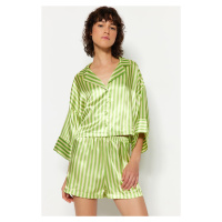 Trendyol Multi Color-Green Striped Satin Shirt-Shorts Woven Pajamas Set