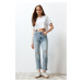 Trendyol Blue Ripped Detail High Waist Straight Jeans