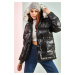 Bianco Lucci Women's Puffy Leather Coat with Shearling Hood.
