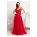 Červené společenské šaty s krajkou a tylovou sukní