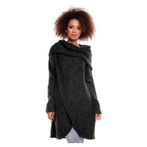 Chlupatý pulovr pletený asymetrický svetr dlouhý 30051 - ČERNÝ PeeKaBoo