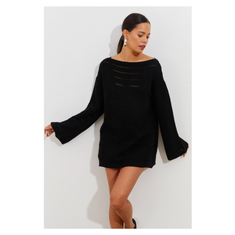 Cool & Sexy Women's Black Spanish Sleeves Openwork Knitwear Long Blouse