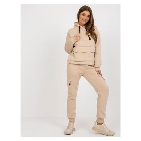 BÉŽOVÁ DÁMSKÁ SOUPRAVA TEPLÁKŮ A MIKINY S KAPUCÍ -BEIGE BASIC