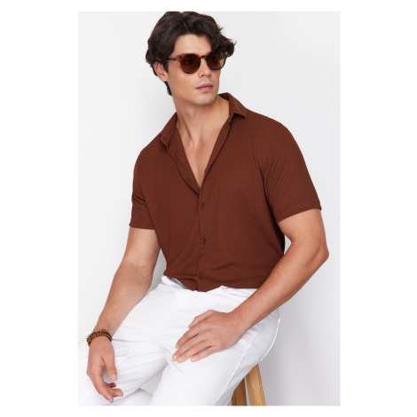 Trendyol Brown Regular Fit Short Sleeve Summer Textured Crepe Knit Shirt