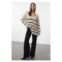 Trendyol Beige Striped Openwork Knitted Sweater