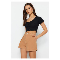 Trendyol Camel Pleated High Waist Denim Shorts