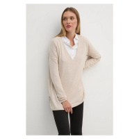 Svetr z vlněné směsi Pepe Jeans ISELA V-NECK dámský, béžová barva, lehký, PL702220