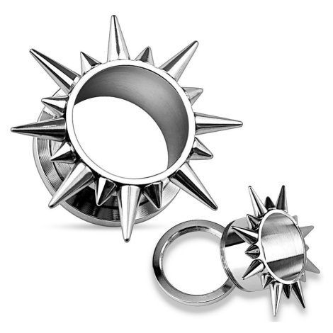 Ocelový tunel do ucha, stříbrná barva, slunce se špičatými paprsky - Tloušťka : 16 mm Šperky eshop