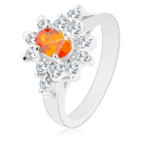 Prsten stříbrné barvy, oranžový zirkonový ovál s lemem čiré barvy