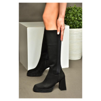 Fox Shoes R282230302 Black Suede Platform Chunky Heel Women's Elastic Back Boots