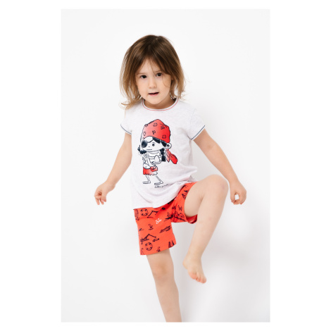 Dívčí pyžamo Marina, krátký rukáv, krátké kalhoty - světlá meláž/červený potisk Italian Fashion