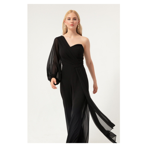 Lafaba Women's Black One Sleeve Belted Evening Dress Jumpsuit