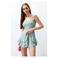 Trendyol Mint Floral Printed Strappy Flounce Mini Jumpsuit With Shorts