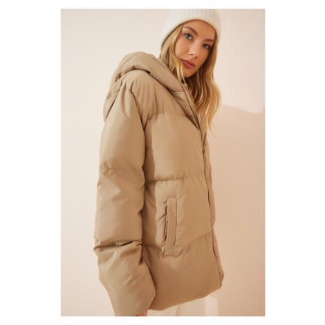 Happiness İstanbul Women's Beige Hooded Oversized Puffer Coat