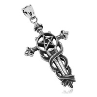 Patinovaný přívěsek, ocel 316L, velký liliový kříž s hady, pentagram