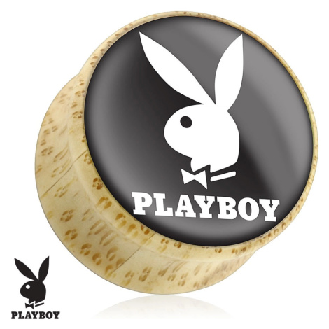 Sedlový plug do ucha z přírodního dřeva, zajíček Playboy, černý podklad - Tloušťka : 8 mm Šperky eshop