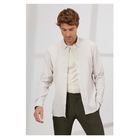 ALTINYILDIZ CLASSICS Men's White Beige Slim Fit Slim Fit Hidden Button Collar Cotton Striped Shi AC&Co / Altınyıldız Classics