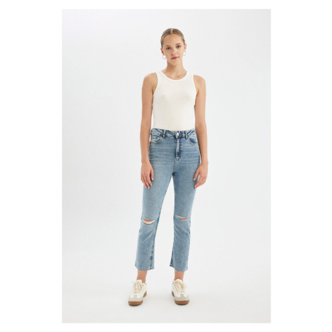 DEFACTO Mary Washed Jeans Straight Leg Ripped Detail High Waist Leg Cut Ankle Length