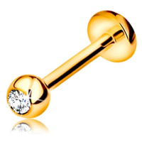Zlatý 9K piercing do rtu a brady - labret s kuličkou se zirkonem a kolečkem, 8 mm