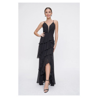 By Saygı Long, Tiered Ruffles Lined Chiffon Dress With Rope Straps Black