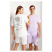 Trendyol Women&#39;s Couple Ecru 100% Cotton Slogan Printed Knitted Pajama Set
