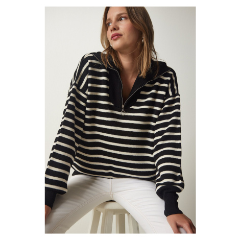 Happiness İstanbul Women's Black Striped Zipper Collar Knitwear Sweater