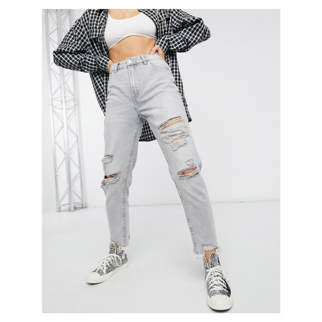 Bershka cotton mom jean with rips and distressed hem in grey-Black