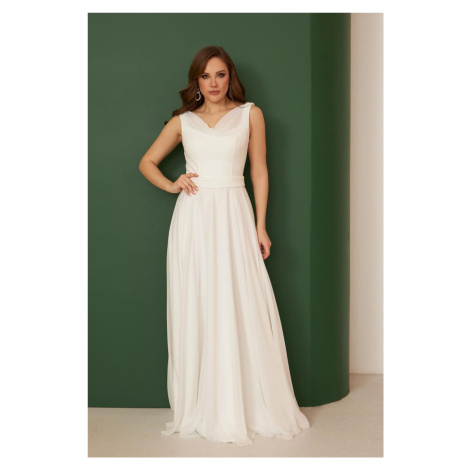 Carmen Ecru Chiffon Plunging Neck Long Wedding Dress