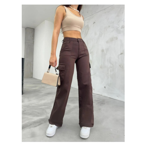 12128 Dewberry High Waist Wide Leg Cargo Pocket Trousers-KAHVE