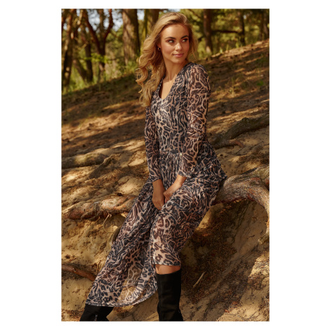 Dlouhé síťované šaty vzor zvířecí leopard M813 Makadamia