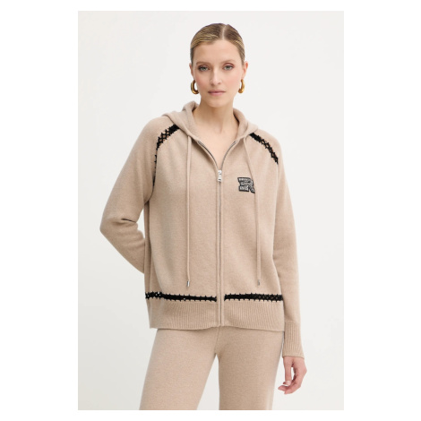 Vlněná halenka Ermanno Firenze dámská, béžová barva, s kapucí, s aplikací, 57TN037E54