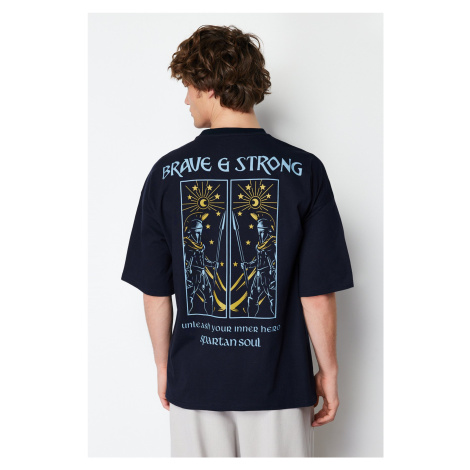 Trendyol Navy Blue Oversize/Wide-Fit Mystic Printed 100% Cotton Short Sleeve T-Shirt