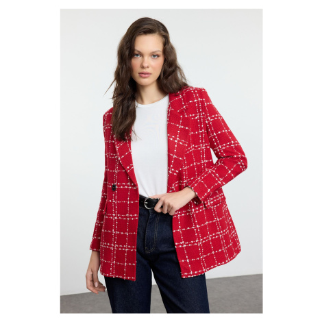 Trendyol Red Oversize Woven Plaid Blazer Jacket