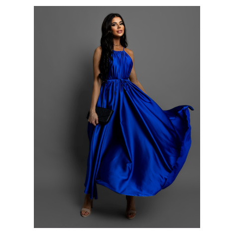 Královsky modré dlouhé lesklé elegantní šaty MADES se zavazováním